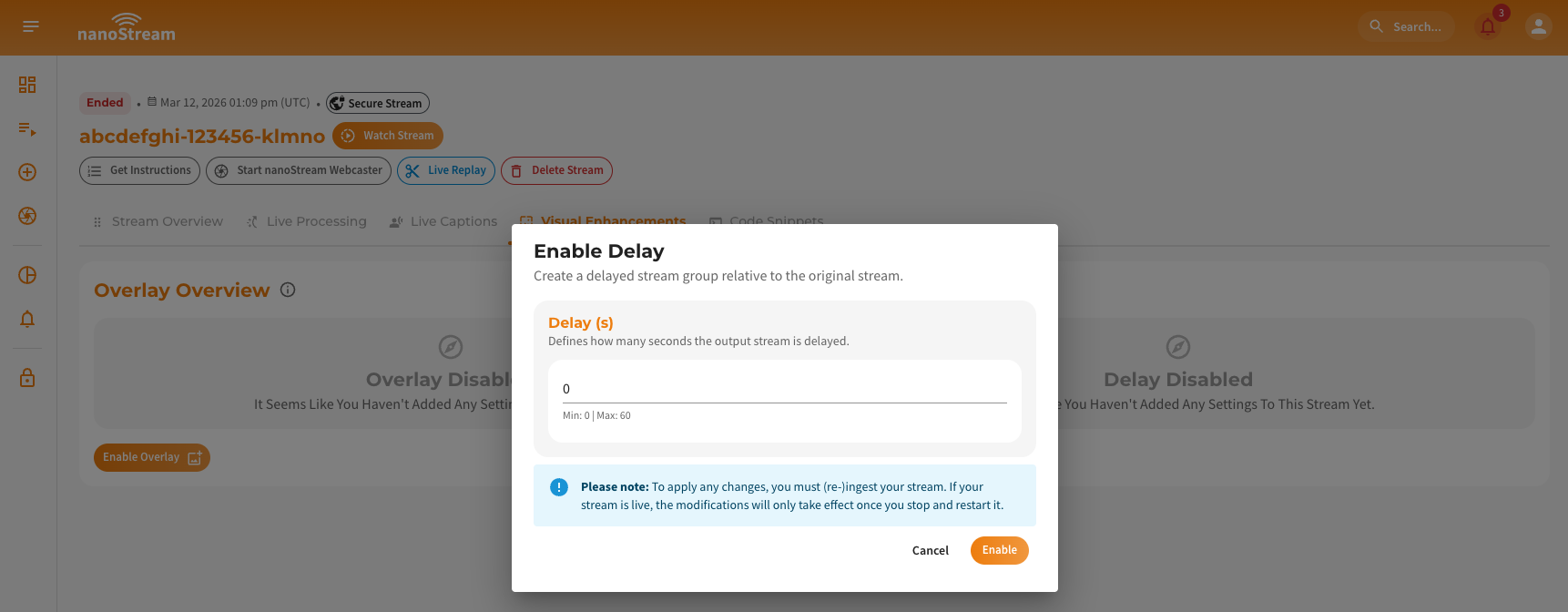 Screenshot: Adding stream option delay to a stream
