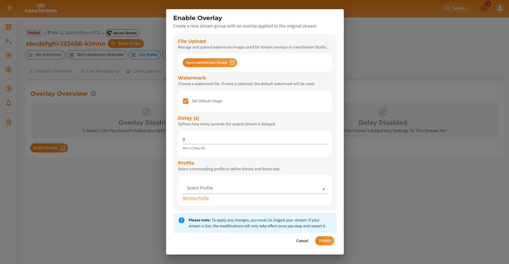 Screenshot: Adding stream option overlay to a stream