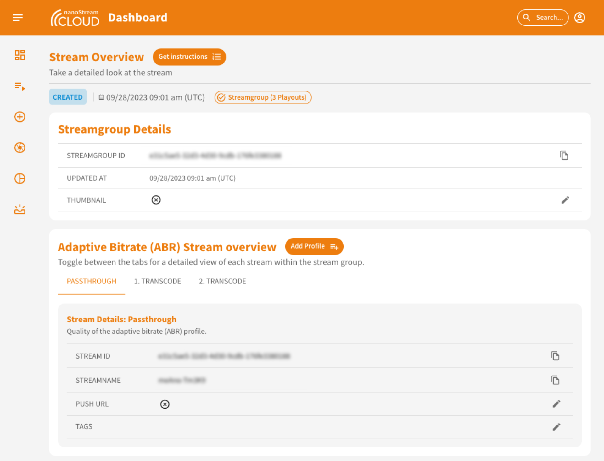 Screenshot: Stream Overview with the option to add transcoding profiles