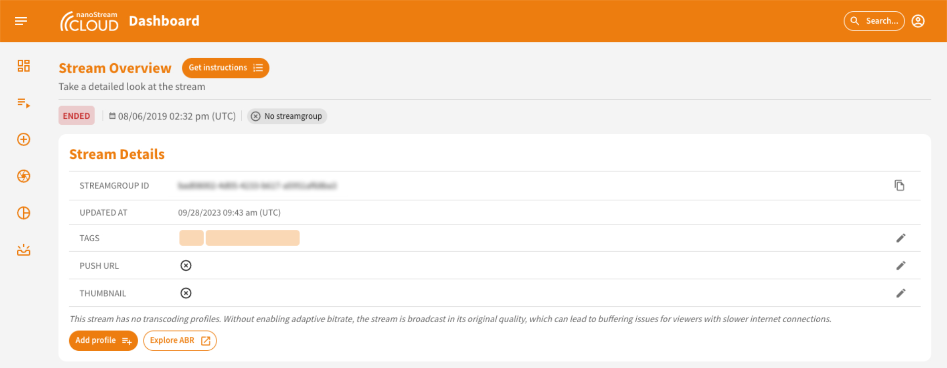 Screenshot: Transform a Non-Transcoding Stream into an ABR Stream in the Stream Overview
