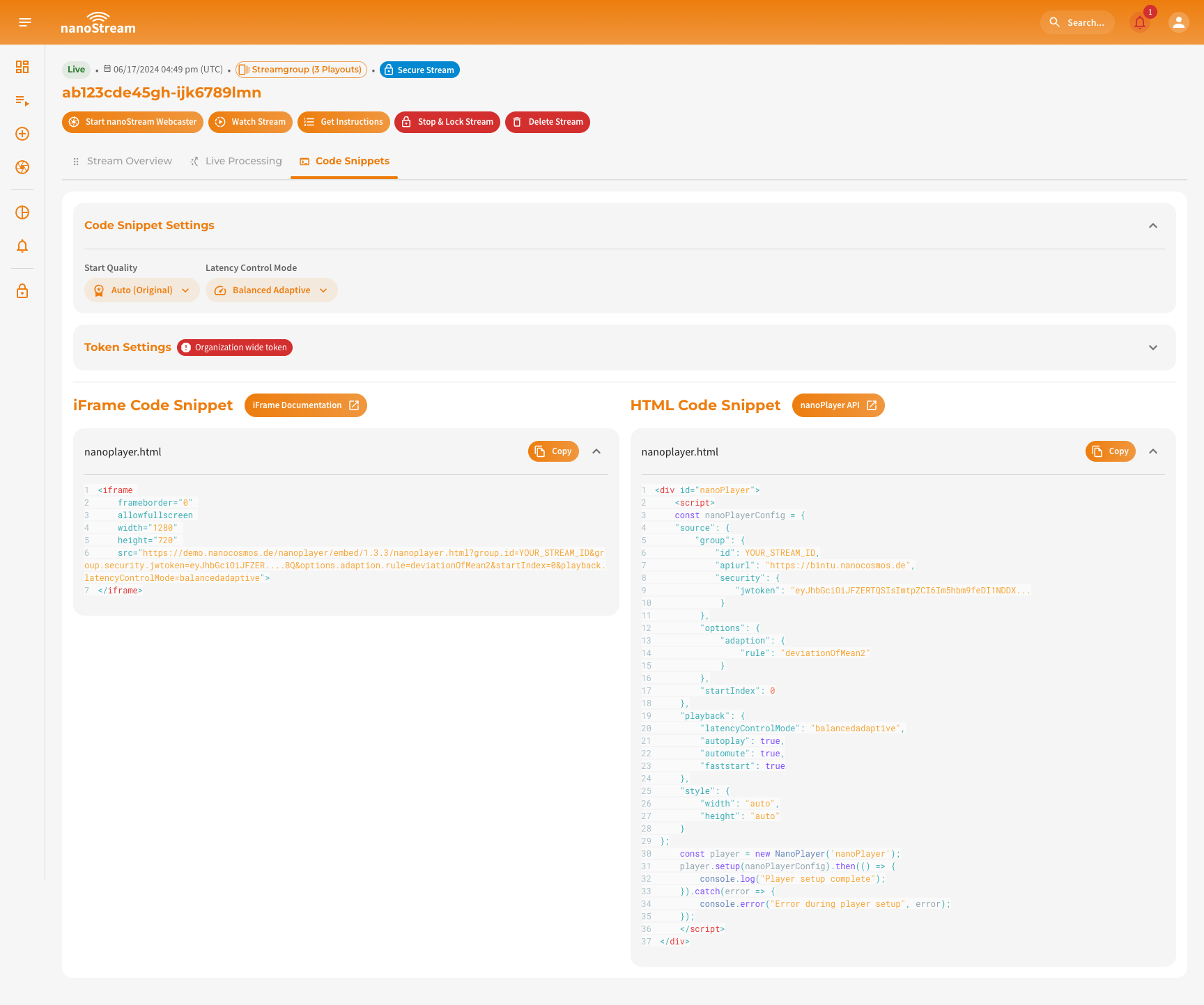 Screenshot: Code snippets with expanded settings