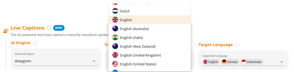Screenshot: Adding live captions during stream creation