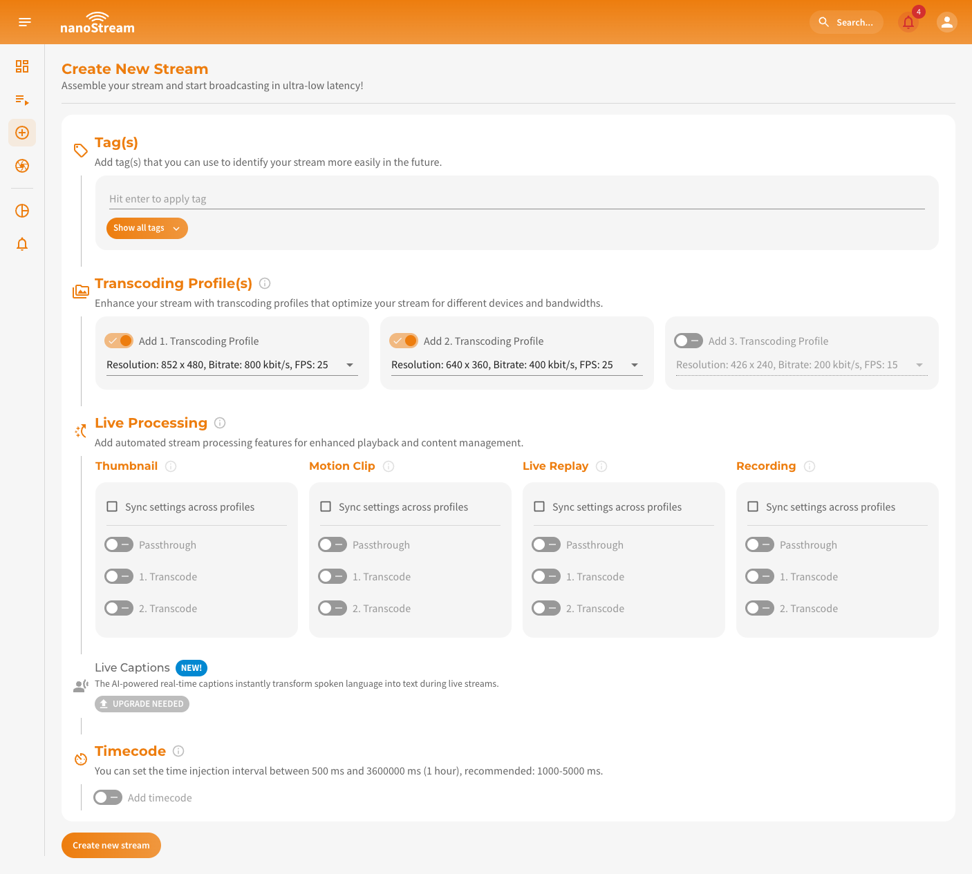 Screenshot: Create new Stream