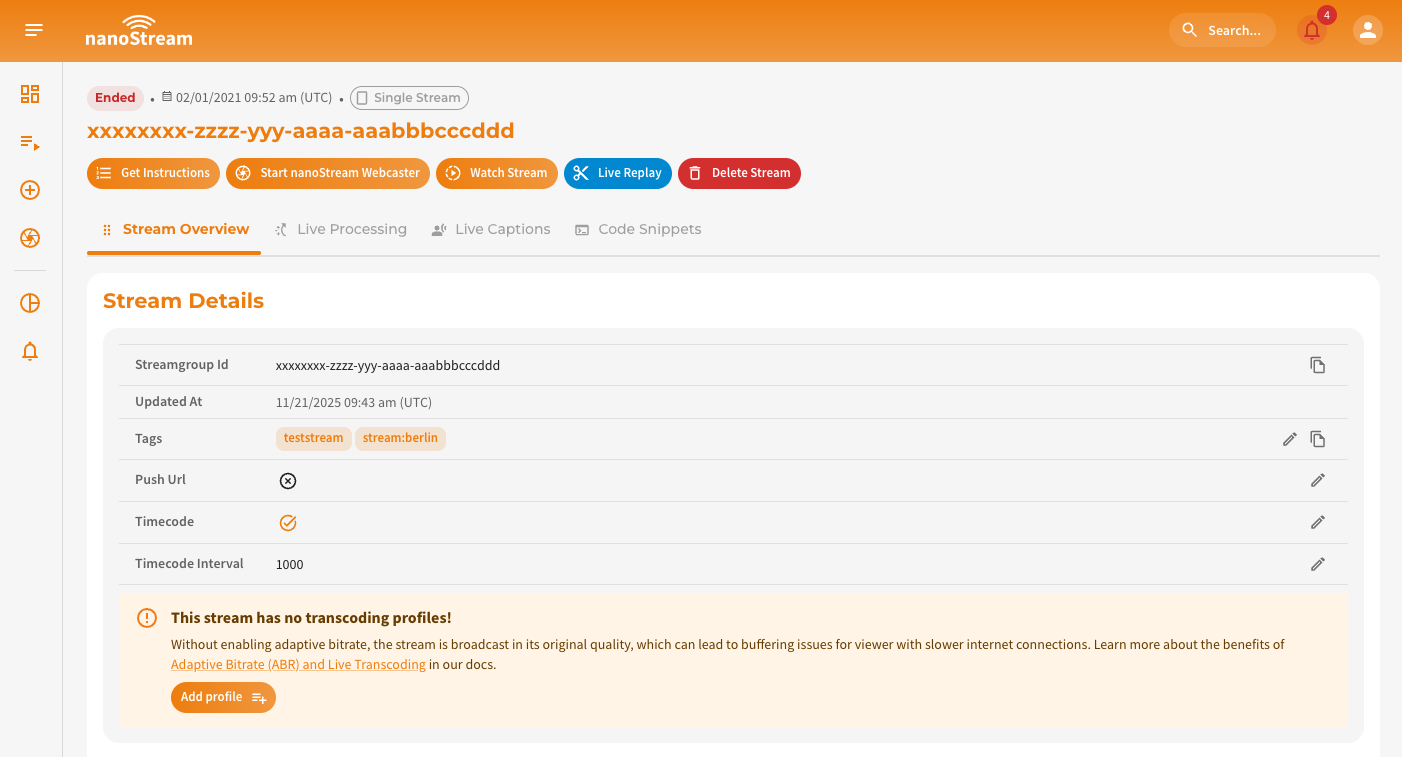Screenshot: Stream Details of Single Stream View
