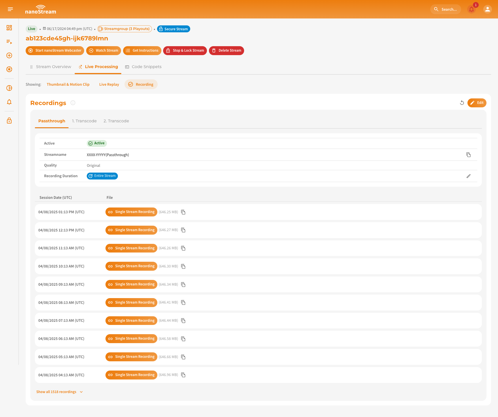 Screenshot: Recordings Overview