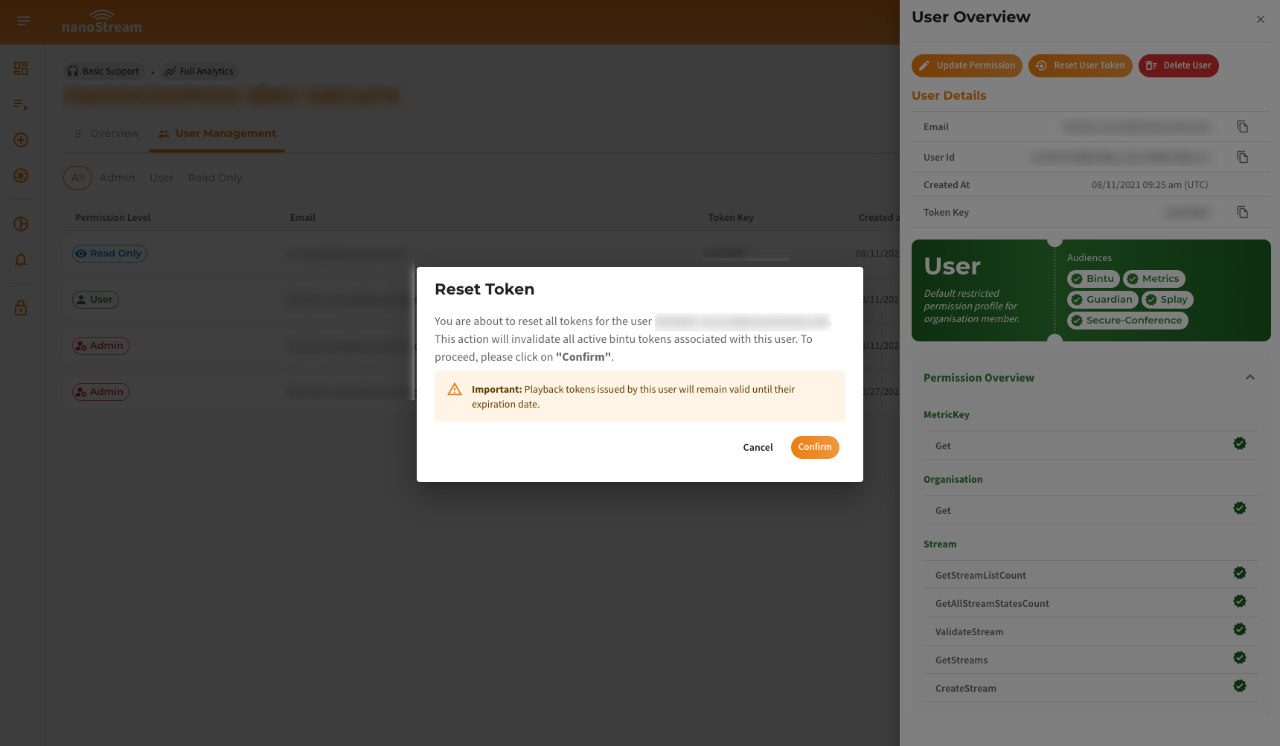 Screenshot: Reset User Token Dialog