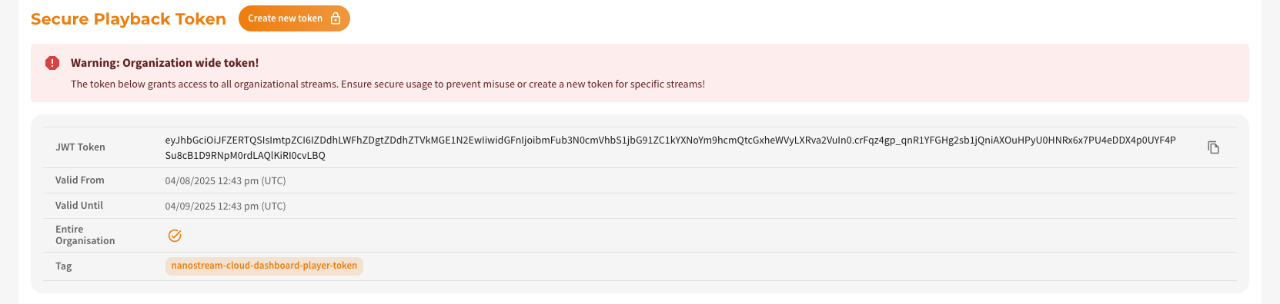 Screenshot: Secure Playback Token Section in Stream Overview