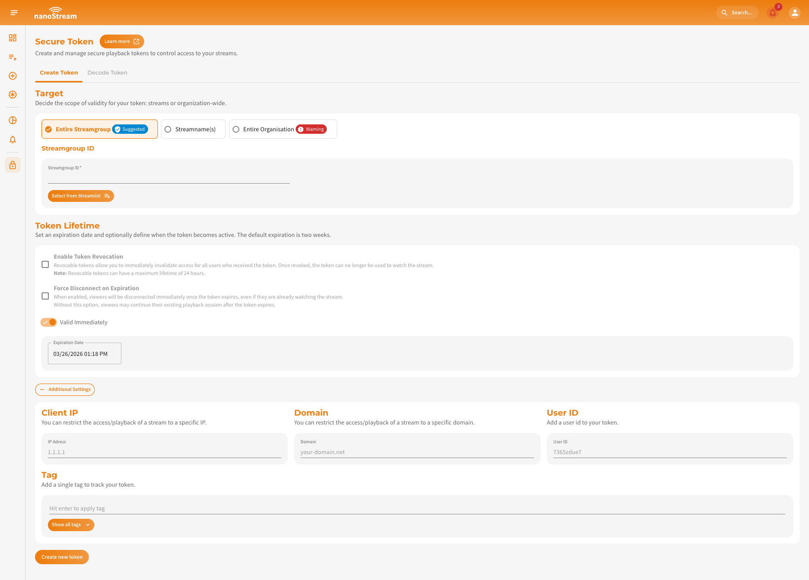 Screenshot: Create Secure Token