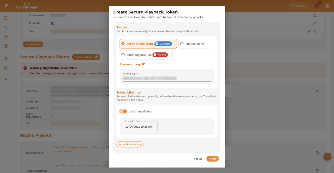 Screenshot: Secure Token Creation Dialog in Stream Overview