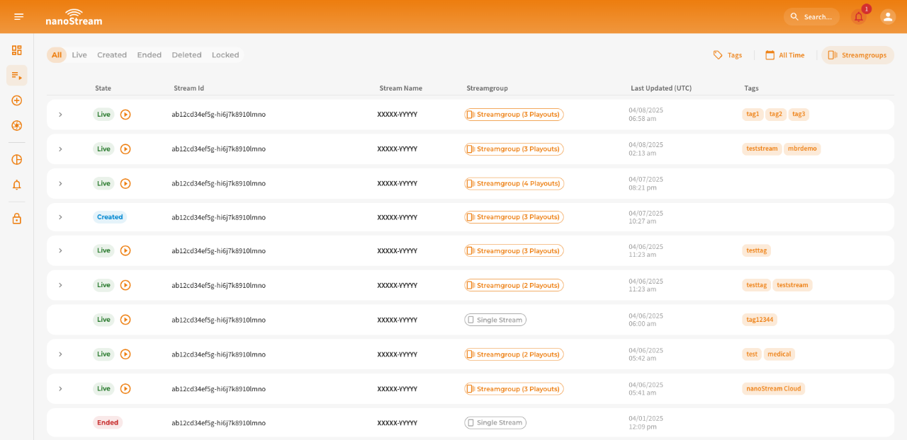 Screenshot: Stream list